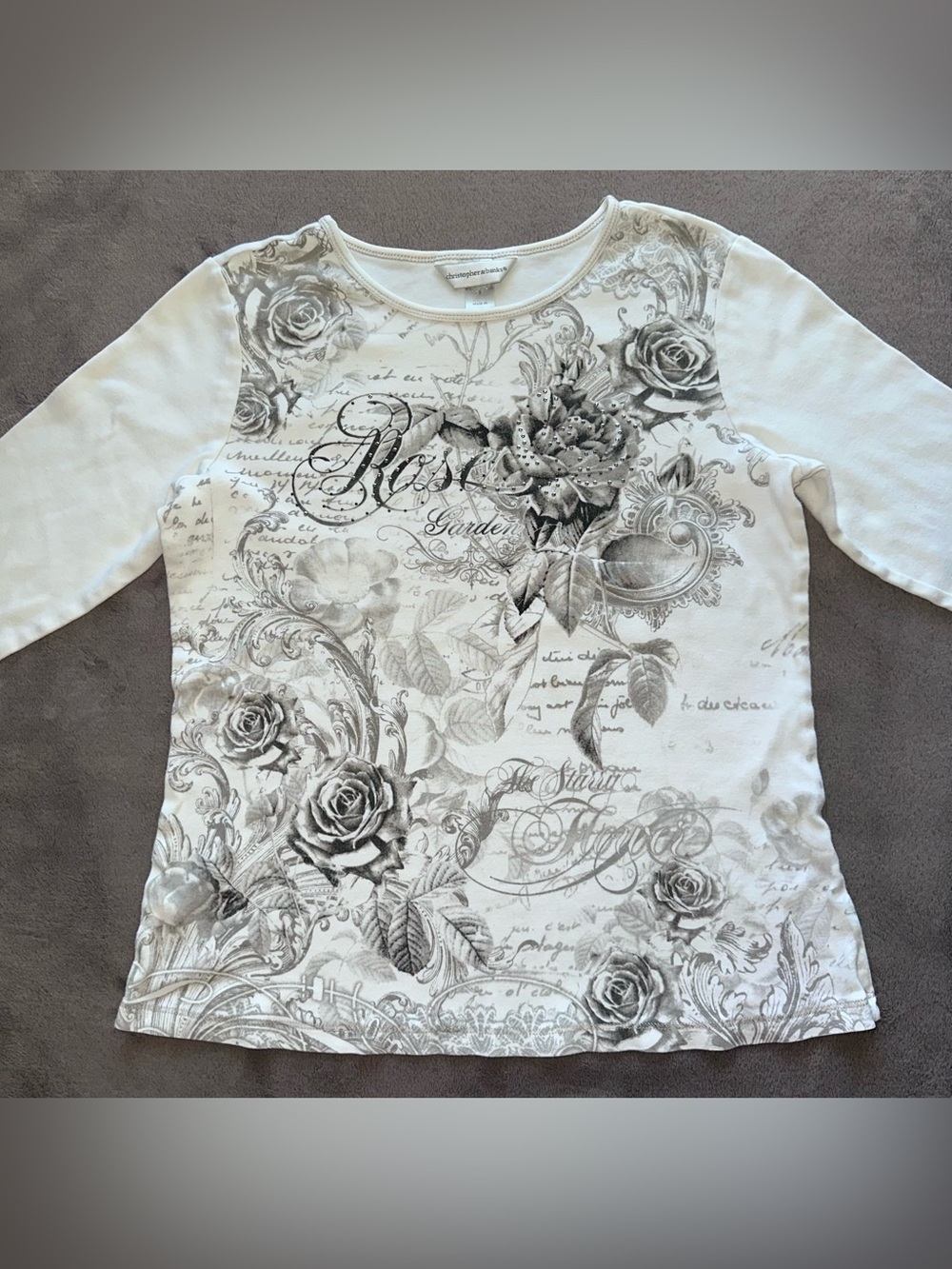 VTG Y2K rose script floral lace rhinestone graphic print 3/4 sleeve whimsy S